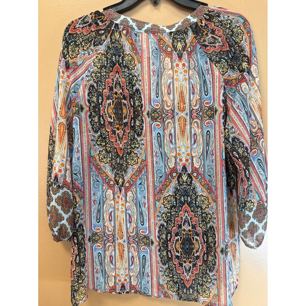 Fig and Flower Womens M Paisley Medallion Button Front Blouse Blue Orange Boho - Picture 3 of 4